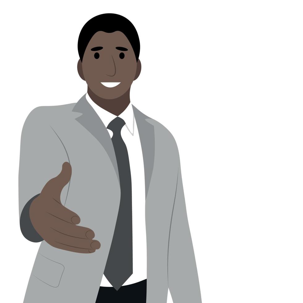 retrato de un hombre negro en un traje de negocios que extiende su mano, vector plano, aislado en un fondo blanco, ayudando a mano