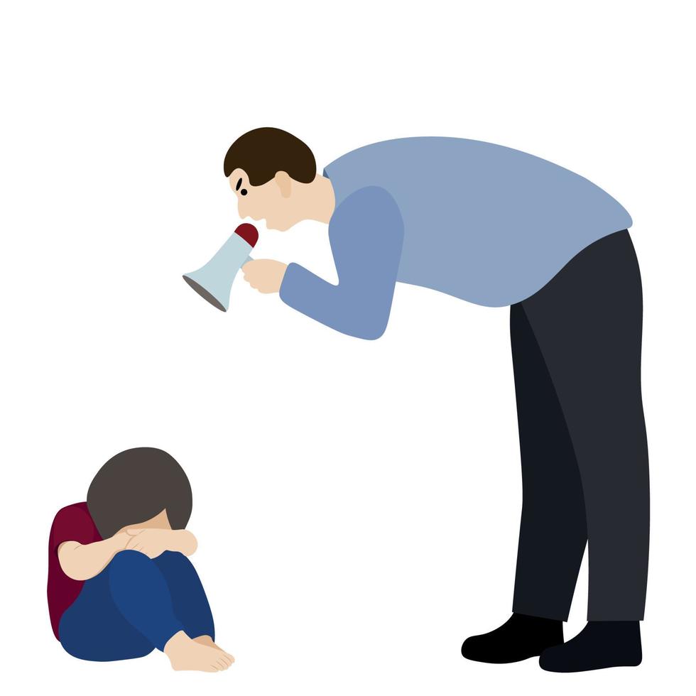 A man with a shout bent over a child, the child sits with his head buried in his knees, vector isolated on a white background, child abuse