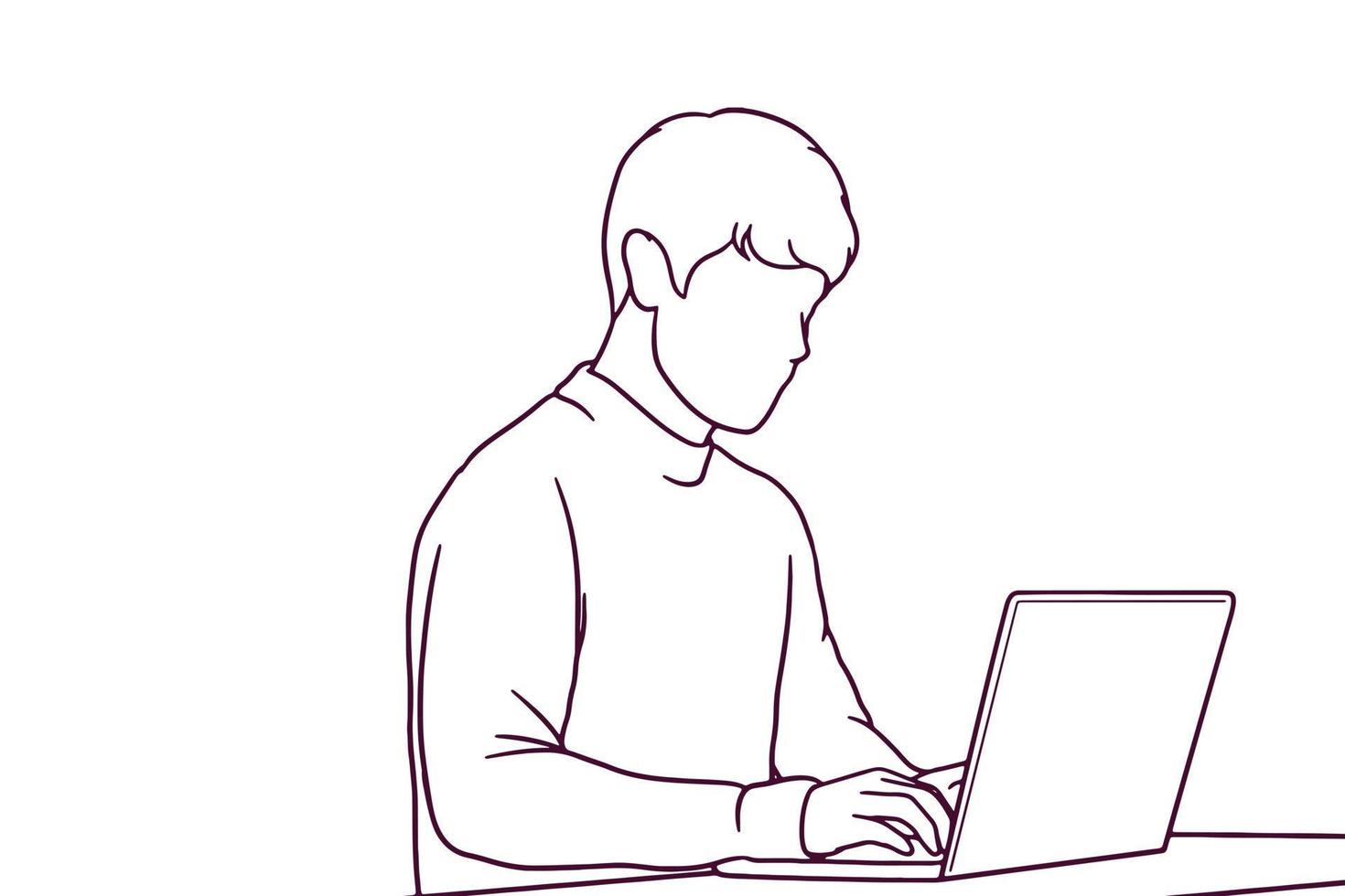 hombre de negocios casual dibujado a mano que trabaja en la ilustración de la computadora portátil vector