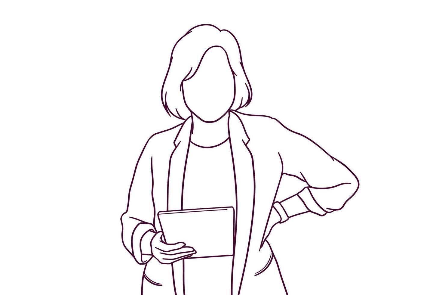 hand drawn business woman using tablet illustraton vector