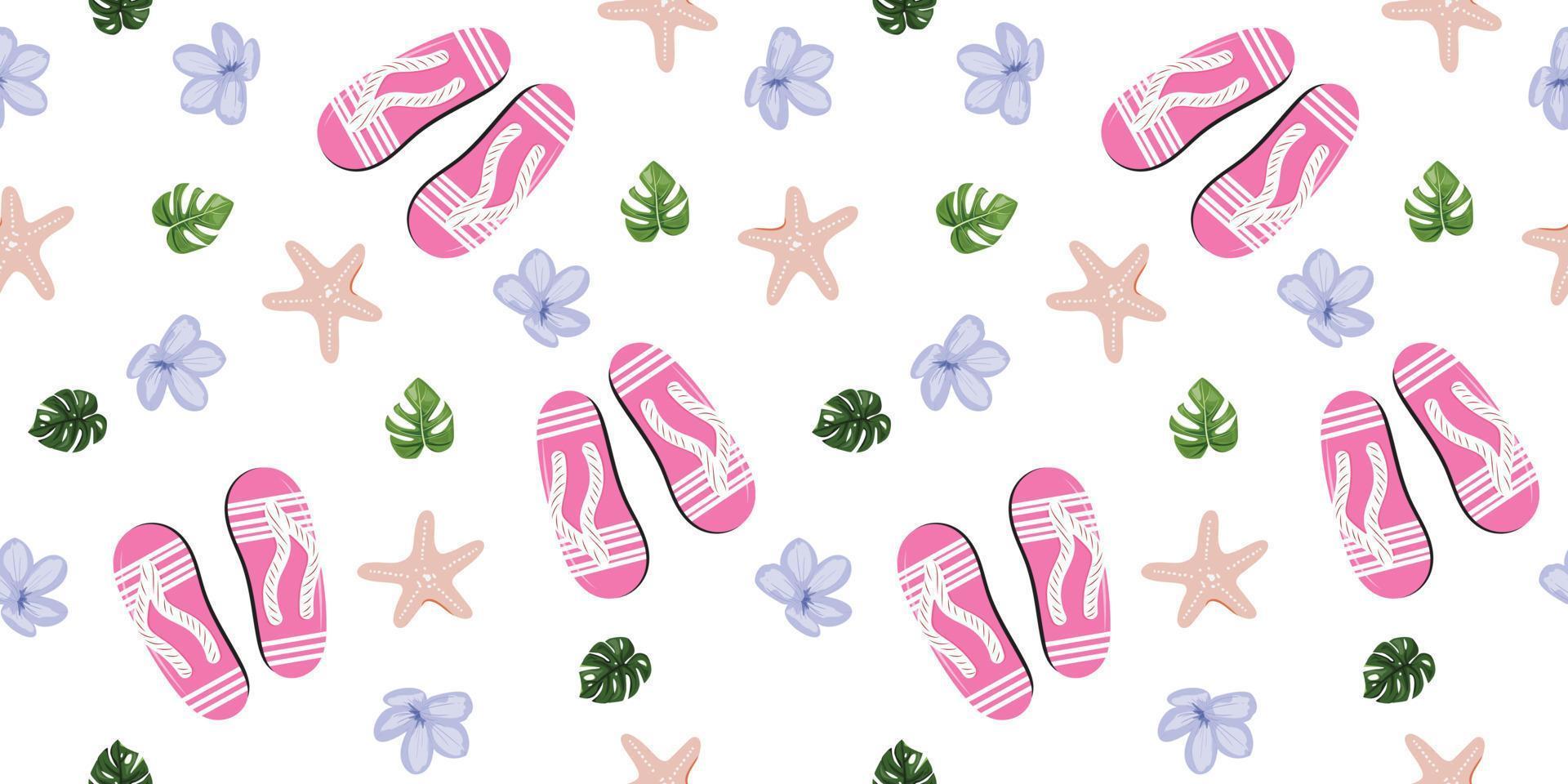 Seamless summer pattern with flip flops, sea star, flowers and monstera leaves. Background with summer items. For textile, wrapping paper, wallpaper, packaging. Vector pattern.
