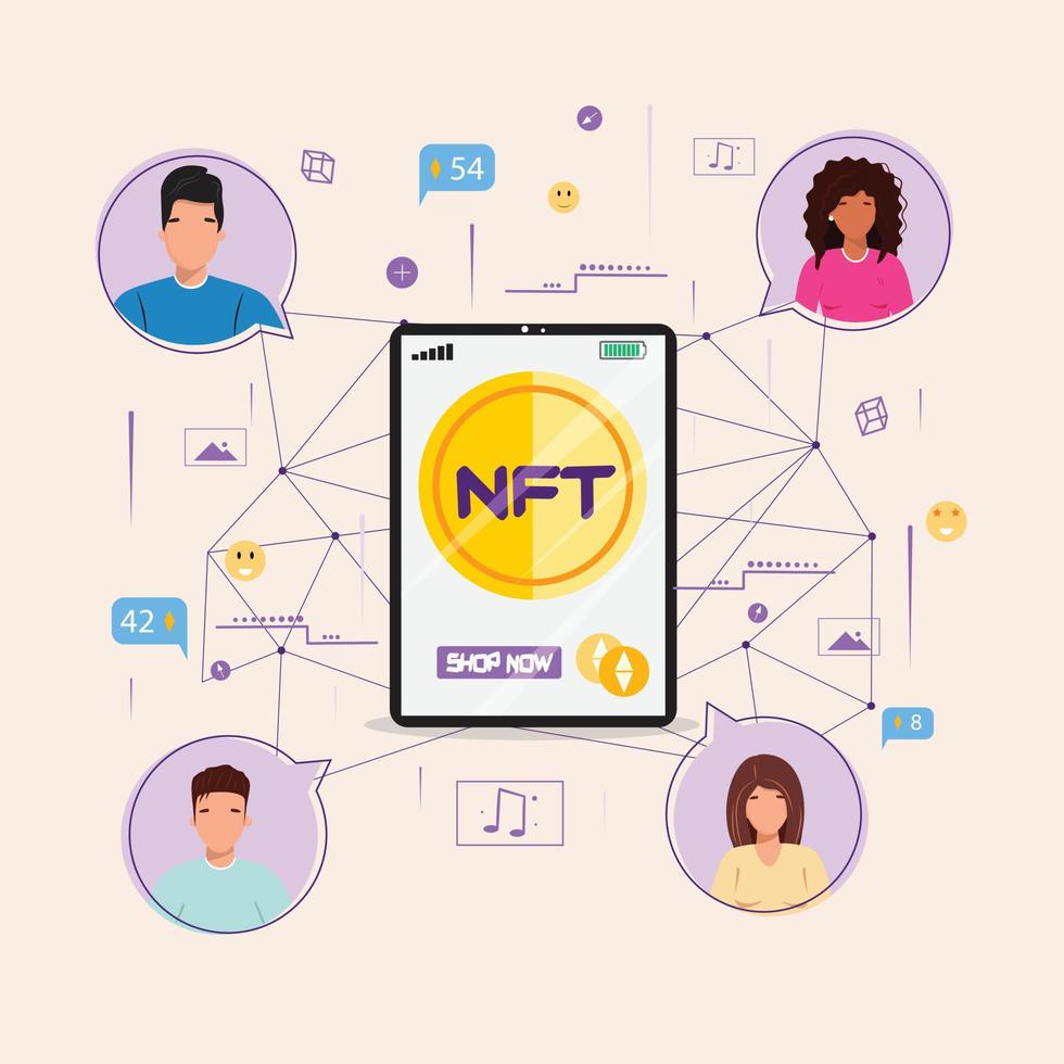 diversas personas que compran en línea nft. teléfono celular grande con gente alrededor. concepto de nft. vector