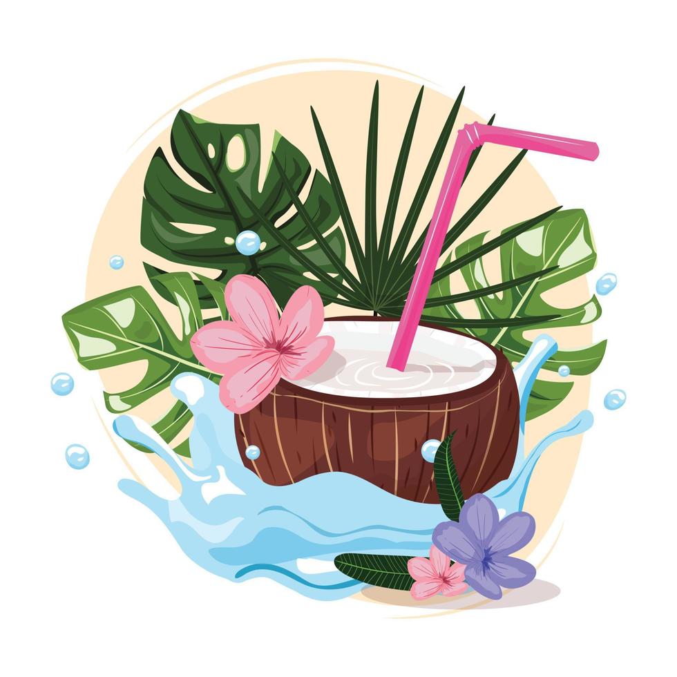 ilustración de verano tropical con un cóctel de coco en el agua salpicada con paja y hojas tropicales en el fondo. vector