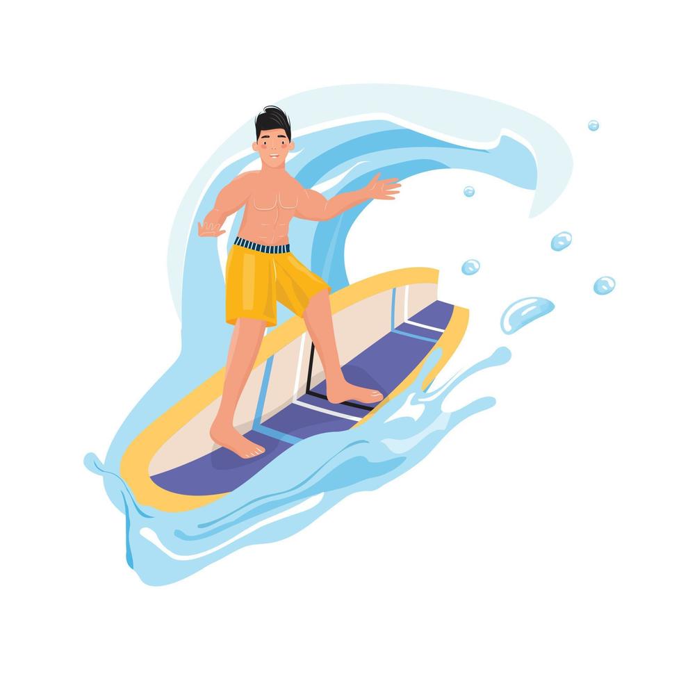 hombre feliz surfeando en el agua con una tabla de surf. deporte acuático recreativo en la playa. vector