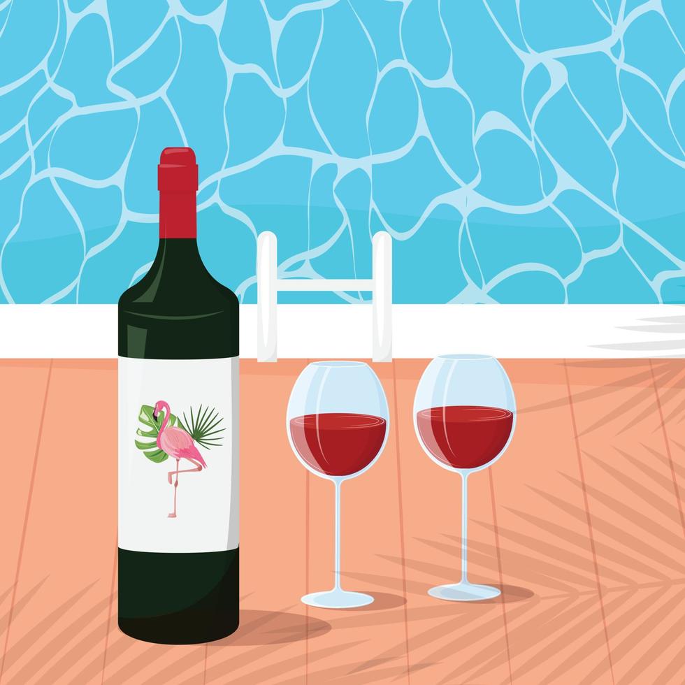 Bottle of red wine with flamingo on it, two glasses standing next to the swimming pool. Summer, romantic holiday concept illustration. vector