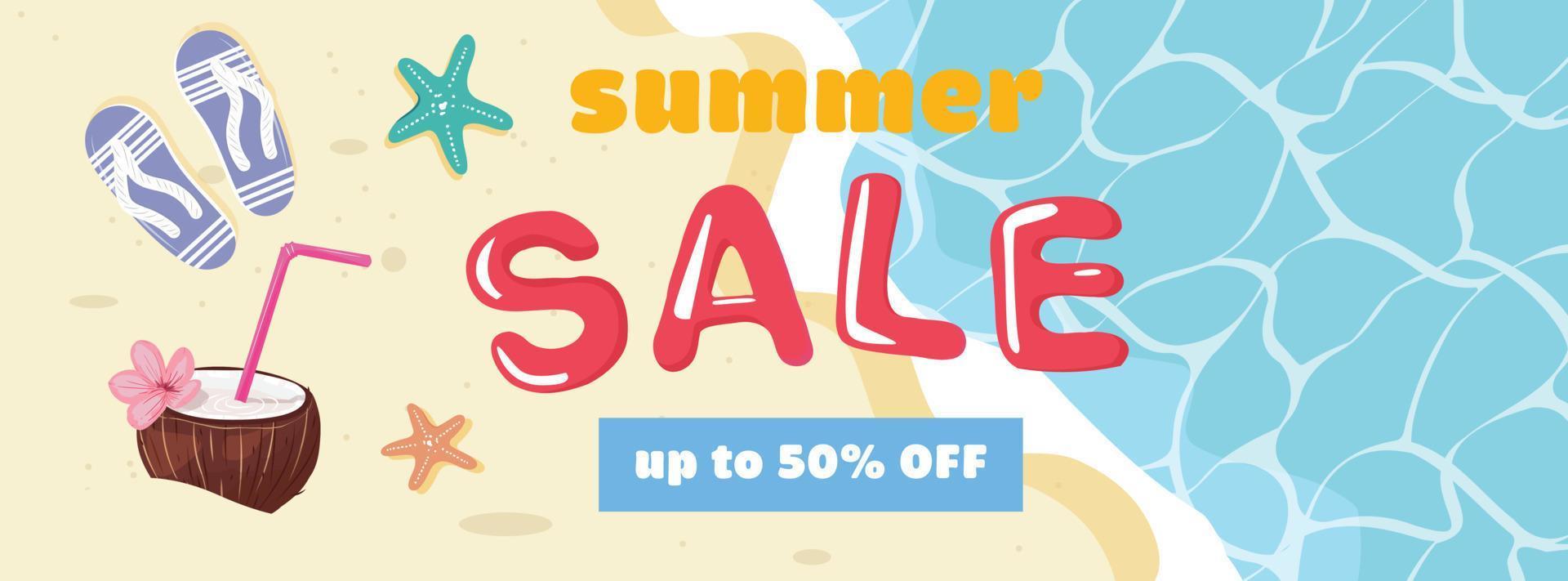 banner de venta de verano con coco, estrella de mar y chanclas en la arena. ilustración plana de playa abstracta. ilustración de verano para diseño de marketing web. vector