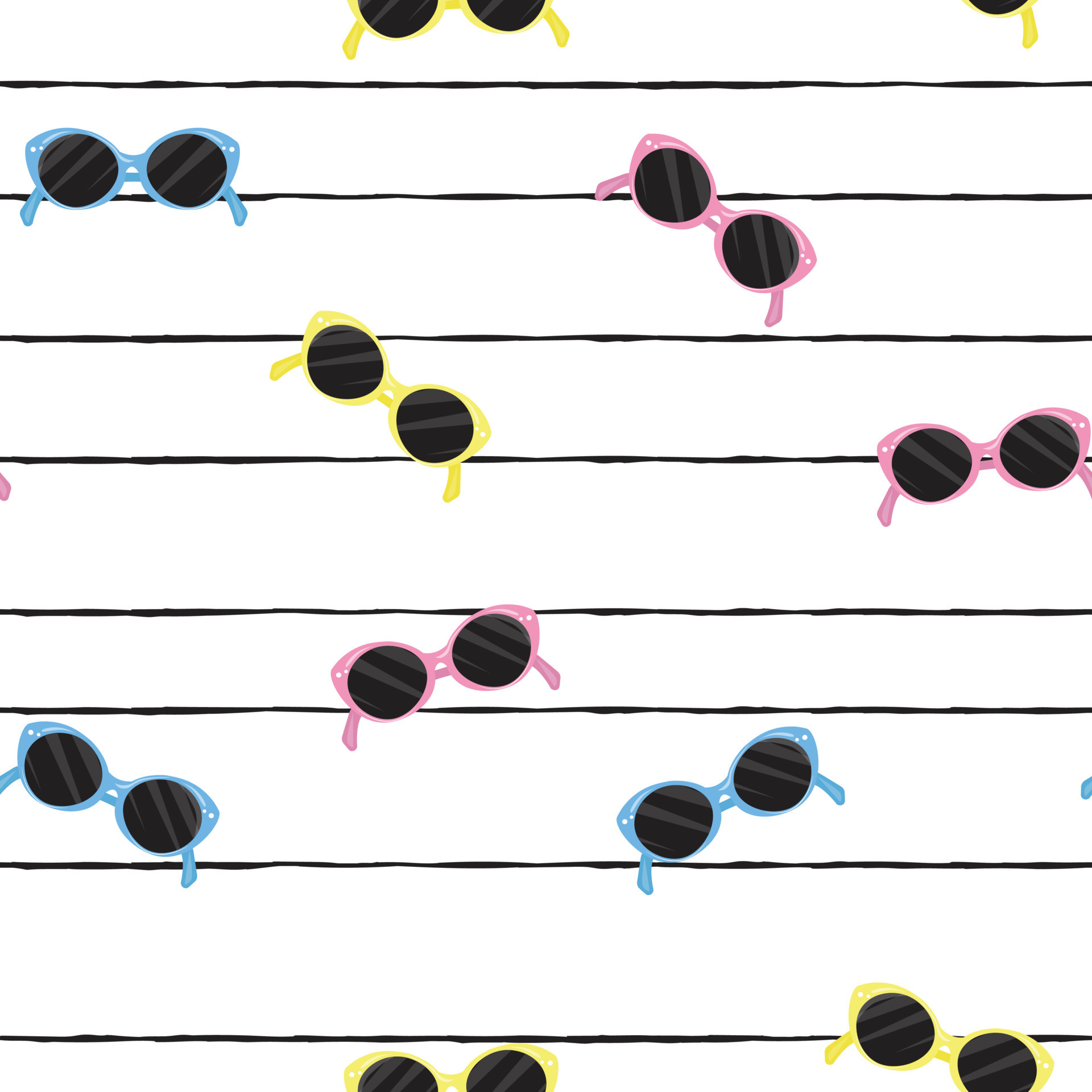 Seamless pattern with sunglasses in various colours on striped