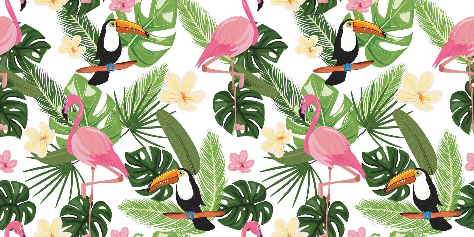 Seamless pattern with tropical birds and tropical leaves on the background. vector