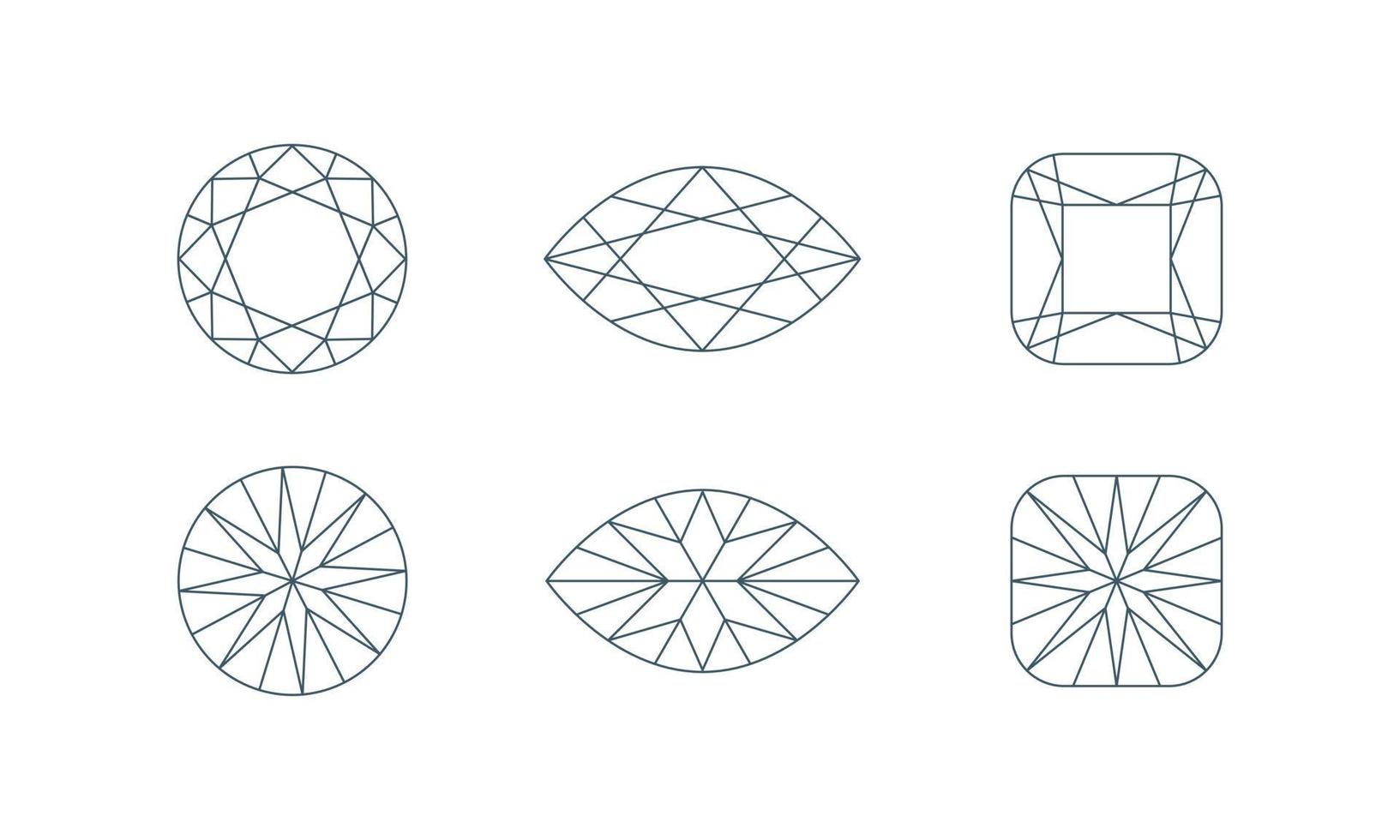 formas de cristal de diamante. vista frontal y posterior. conjunto de iconos de línea de joyería. ilustración vectorial vector