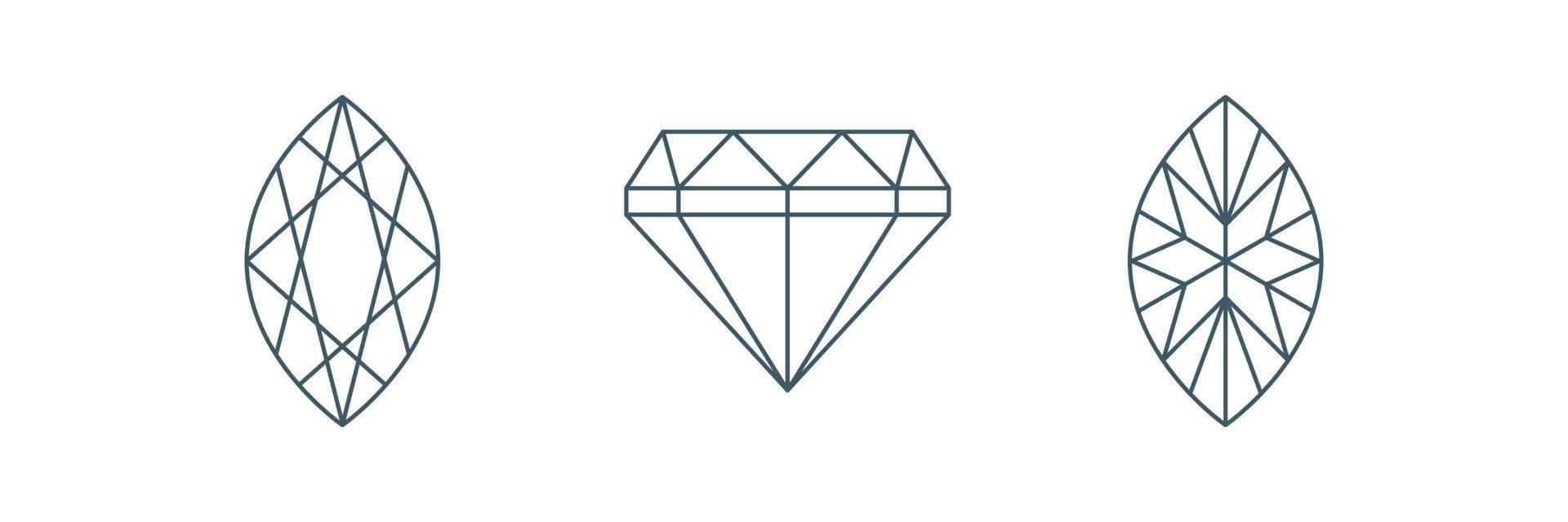 Marquise brilliant cut Line icon set. Back side  and Front view. Diamond geometric scheme. Vector