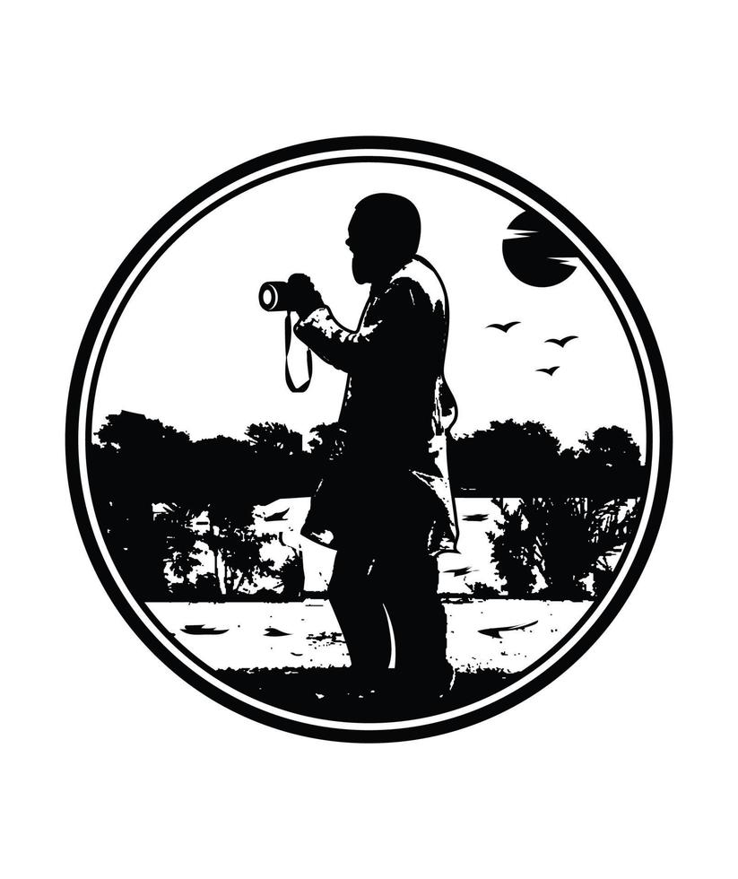 male photographer silhouette, shooting photo. silhouette of a man photographing a nature sunset. vector