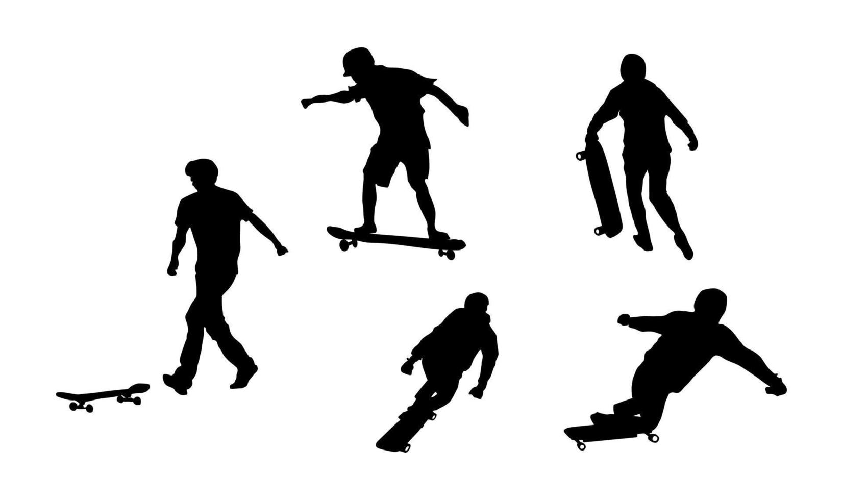 siluetas negras de patinadores. silueta de skate sobre un fondo blanco. vector de patinadores.