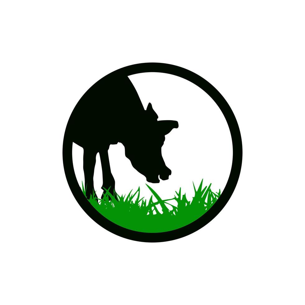 logotipo de la granja de ganado. retro, vintage, emblema de ganado, vector de diseño de logotipo de etiqueta. vaca comiendo icono de hierba verde.