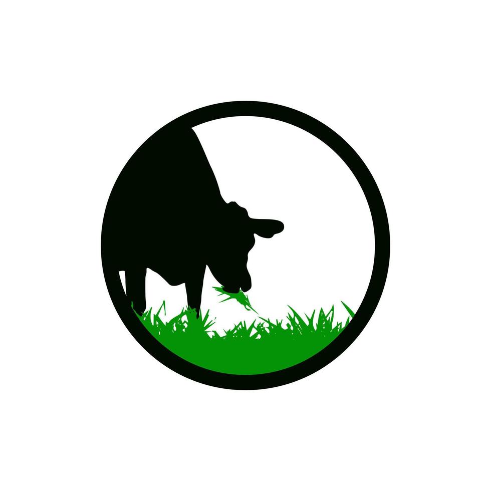 logotipo de la granja de ganado. vaca comiendo icono de hierba verde. ilustración vectorial de silueta. vector