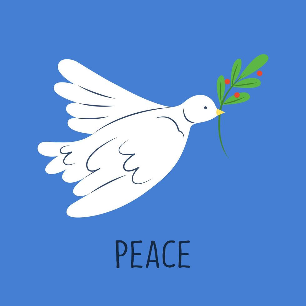 Dove of peace with olive branch and text on a blue background. World Peace Day greeting card. Hand drawn modern Vector illustration.
