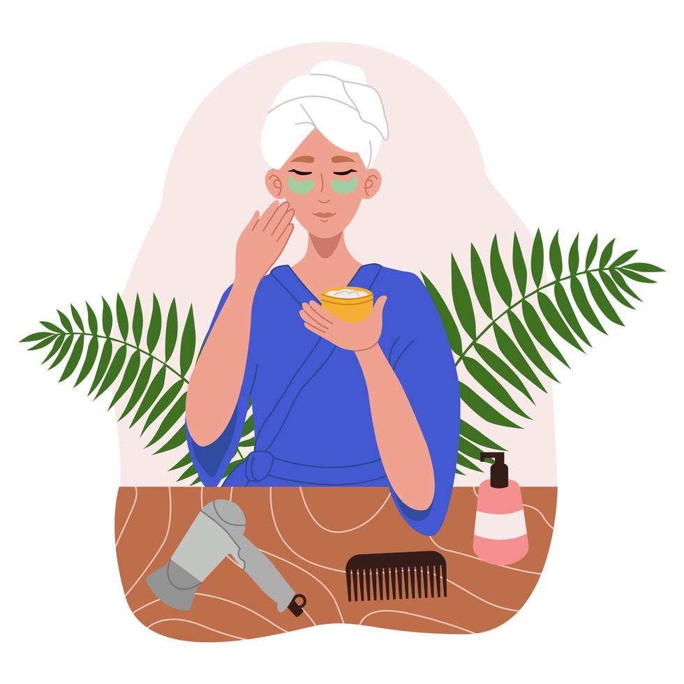Girl applies natural cosmetics for daily skin care. Morning everyday routine. Modern vector flat illustration isolated on a white background.