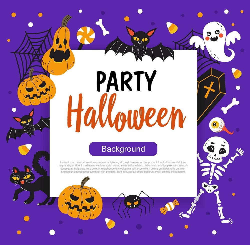 Happy Halloween banner or party invitation background with square frame and hand drawn holiday illustrations. Vector illustration. Place for your text.