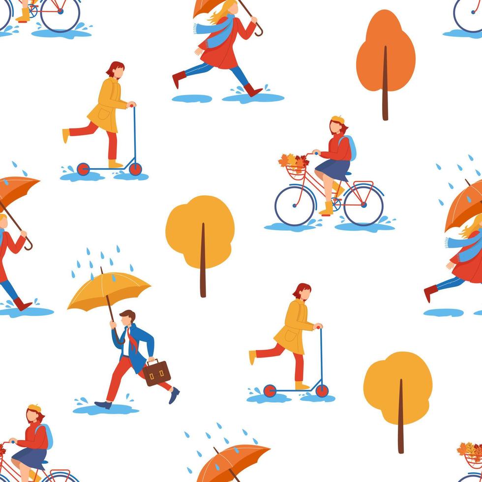 Vector seamless pattern with people and trees. Trendy of autumn hand drawn pattern. Design for textile, wrapping paper, wallpaper and other uses.