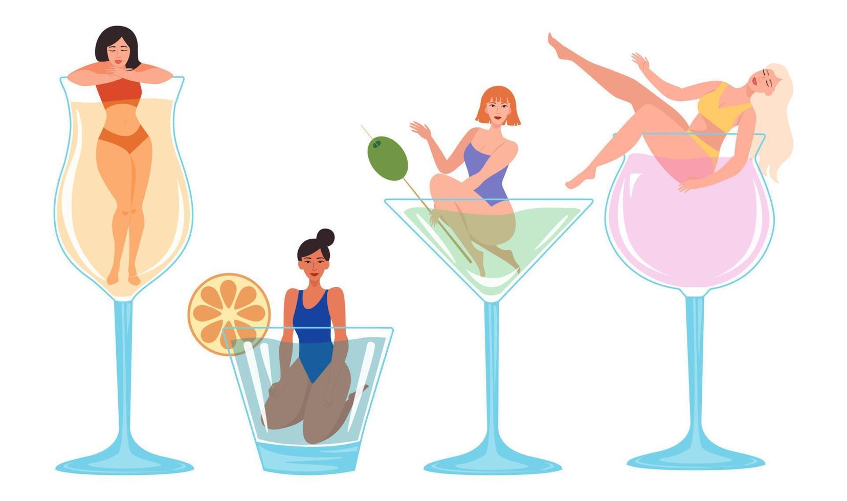 Collection of young women in glasses with cocktails. Colorful vector illustration in flat style.