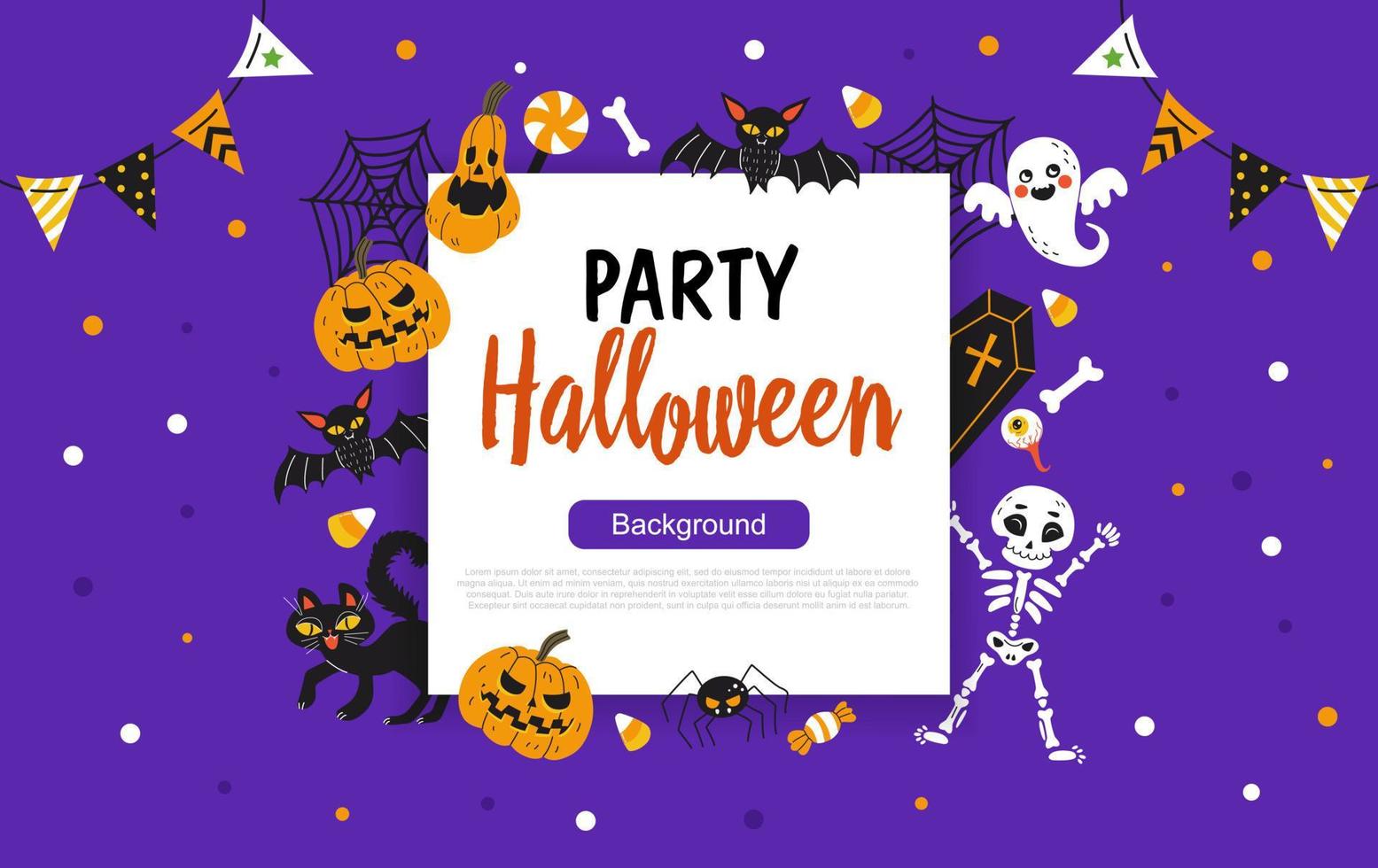 Happy Halloween banner or party invitation background with square frame and hand drawn holiday illustrations. Vector illustration. Place for your text.