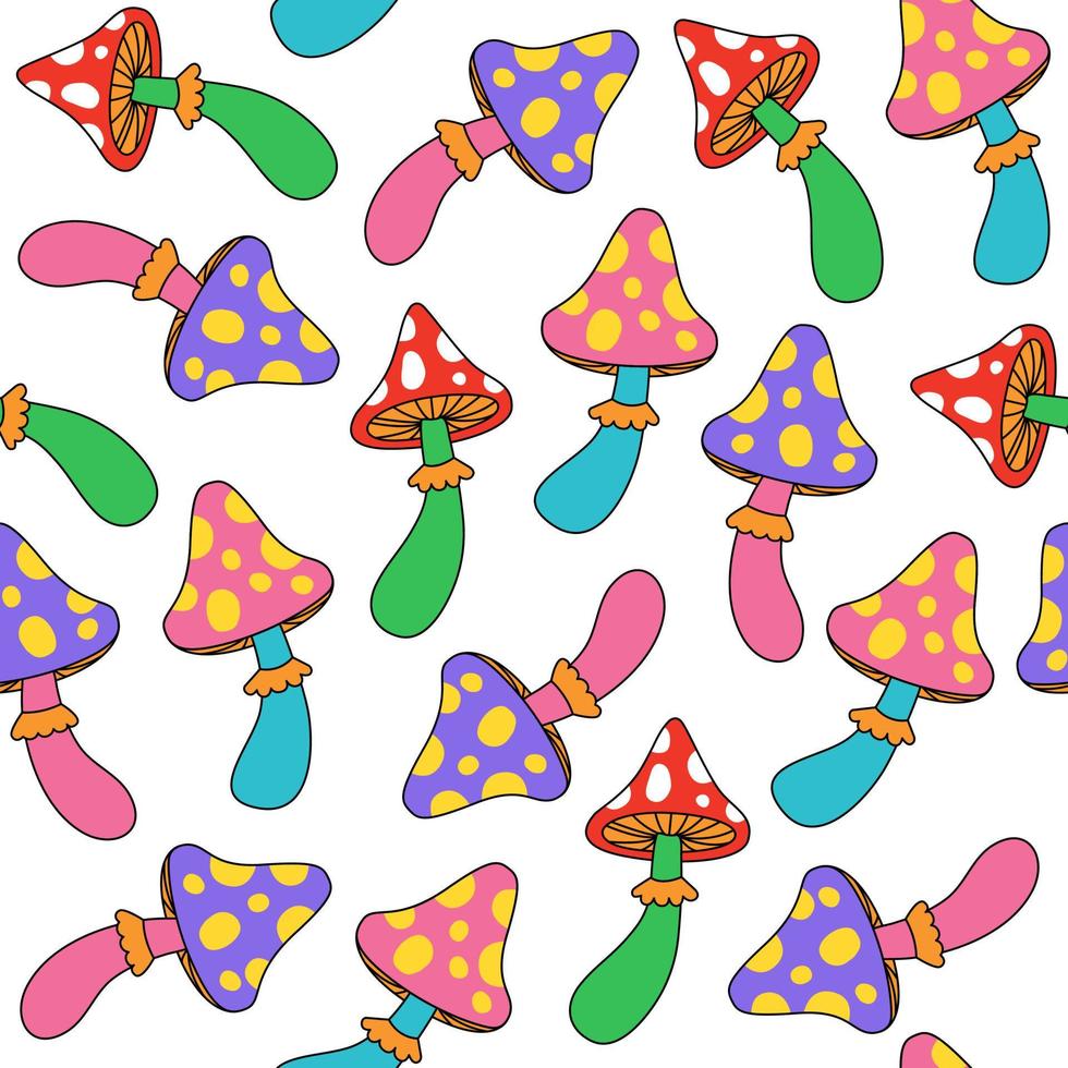 Magic mushrooms. Seamless pattern with psychedelic mushrooms. Vibrant vector illustration. 60s hippie colorful art.