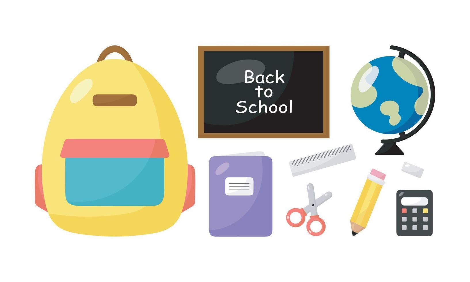 Set with school supplies. School bag, blackboard, globe, notebook, pencil, ruler, eraser, scissors, calculator. Vector illustration.