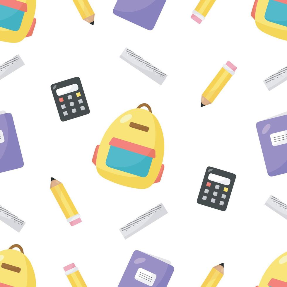 Seamless Pattern with School supplies. Vector illustration. For greeting card, posters, banners, the card, printing on the pack, printing on clothes, fabric, wallpaper.