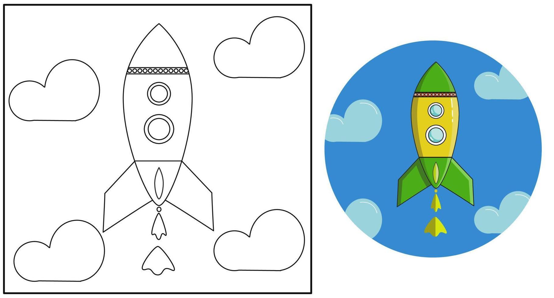 Coloring book. Cartoon clipart spaceship rocket for kids activity coloring pages. Vector illustration