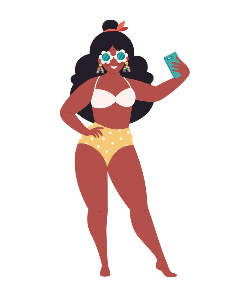 mujer negra con gafas retro y traje de baño haciendo selfie o grabando video. hola verano, vacaciones de verano vector