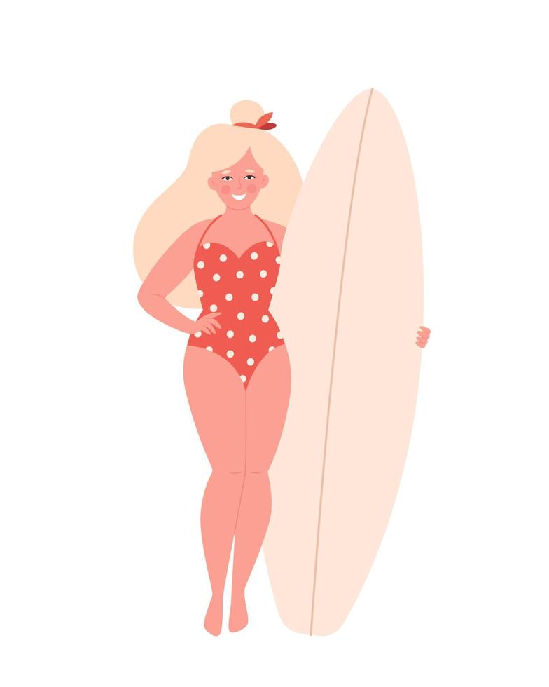 Woman with surfboard. Summer activity, summertime, surfing. Hello summer. Summer Vacation vector