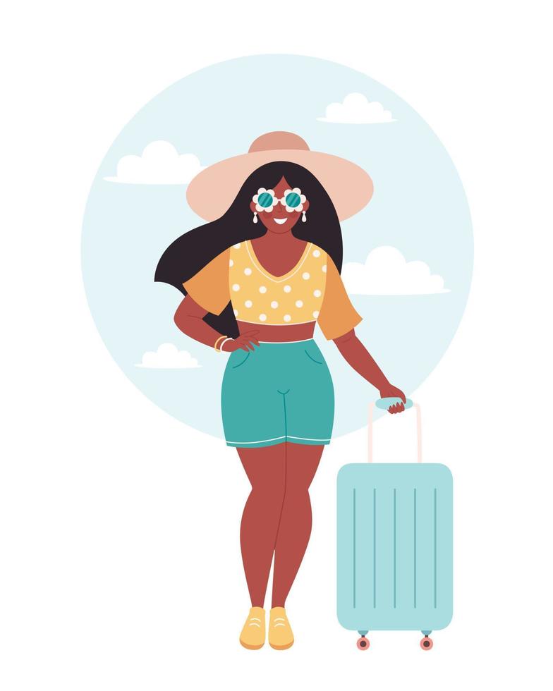 turista mujer negra con bolsa de viaje o equipaje. vacaciones de verano, viajes de verano, hora de verano vector