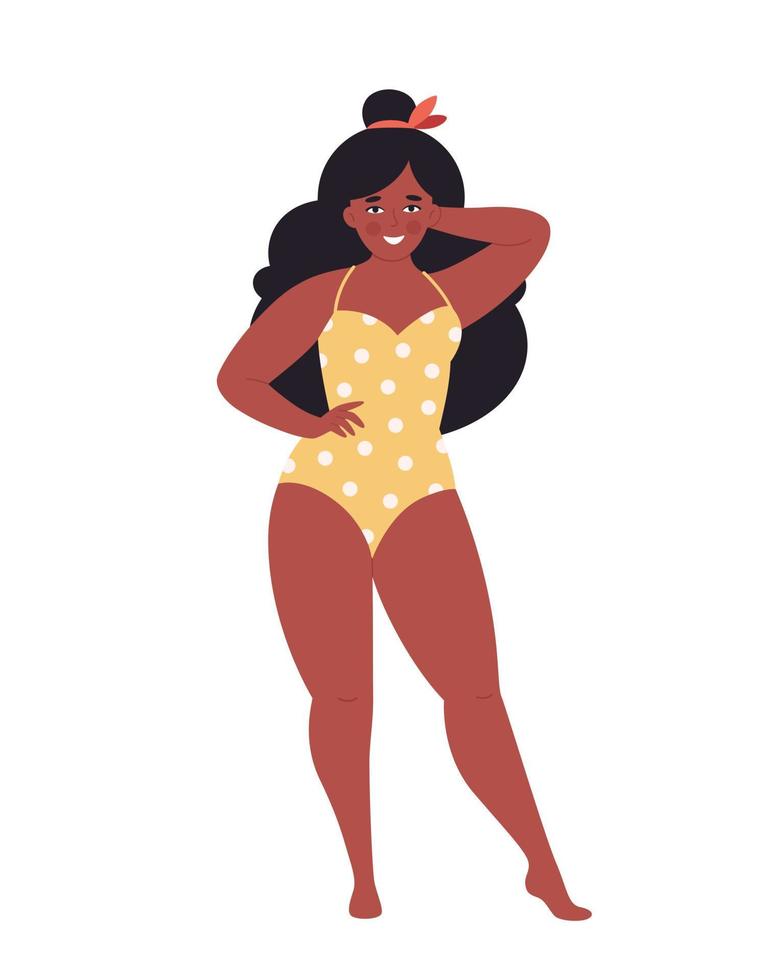 Black overweight woman in retro swimsuit. Hello summer. Body positive, beauty diversity vector