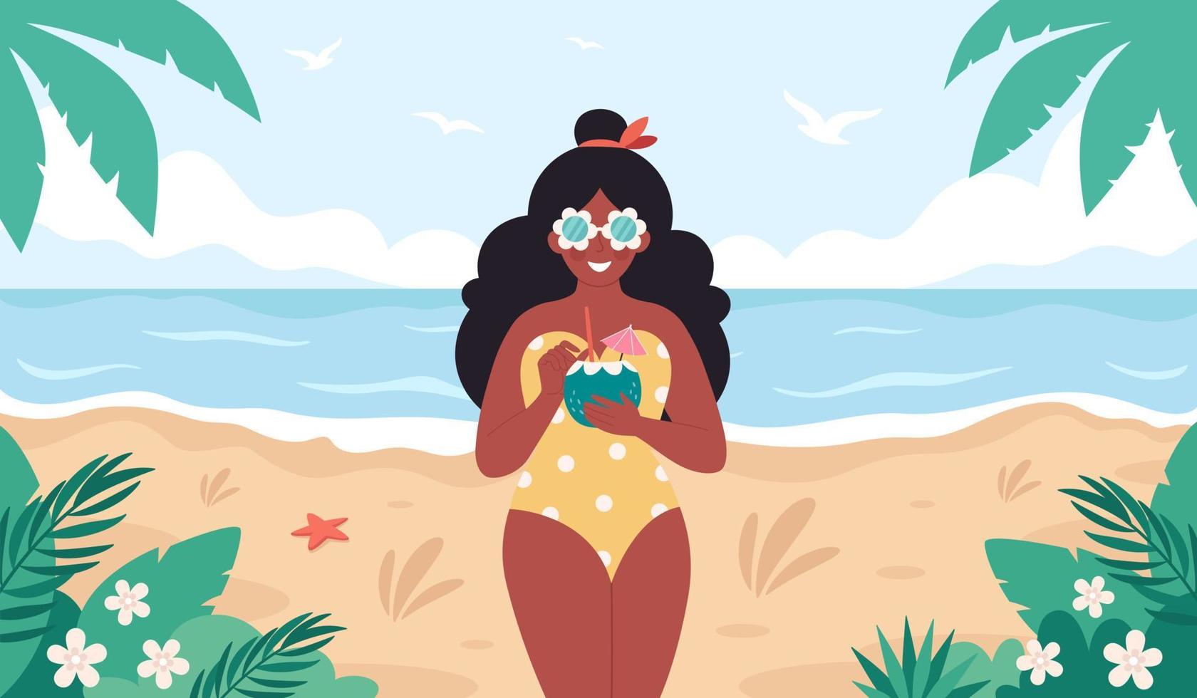 Black woman with summer cocktail. Hello summer, vacation, summertime, summer party. vector