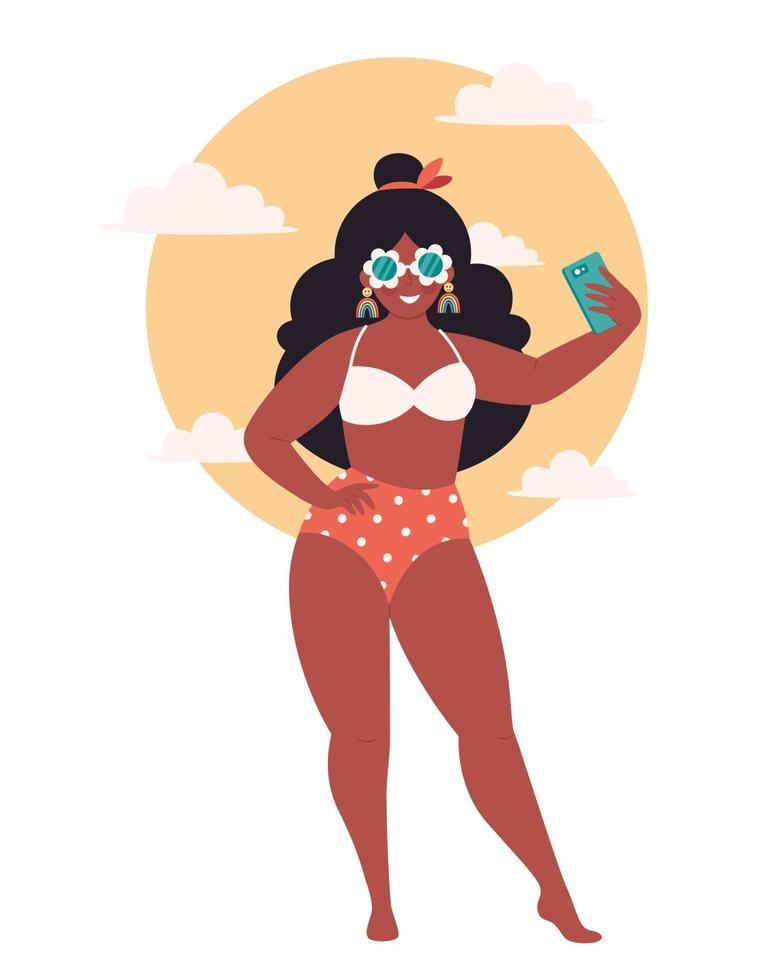 lack woman in retro glasses and swimsuit making selfie or resording video on sunny background. Hello summer vector