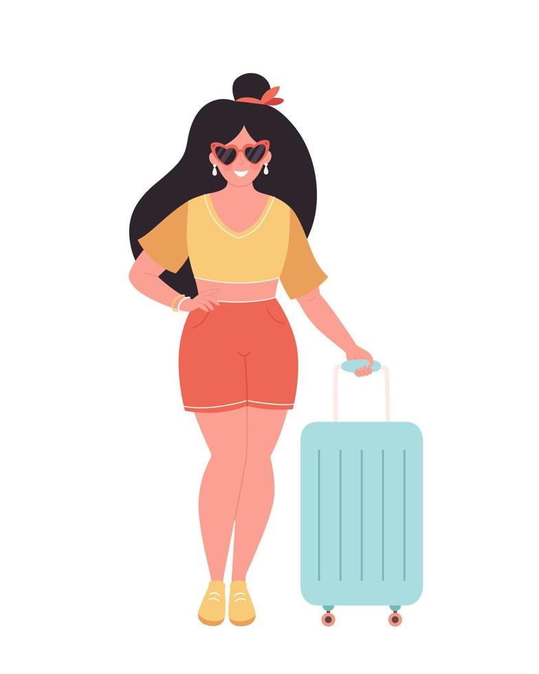 Woman tourist with travel bag or luggage. Summer vacation, summer traveling, summertime. vector