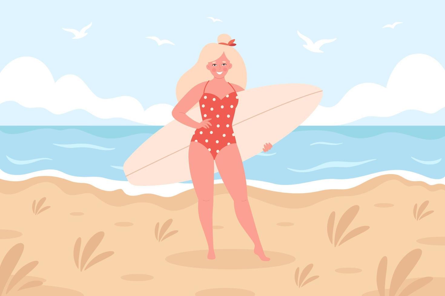 mujer con tabla de surf en la playa. actividad de verano, verano, surf. Hola Verano. vacaciones de verano vector