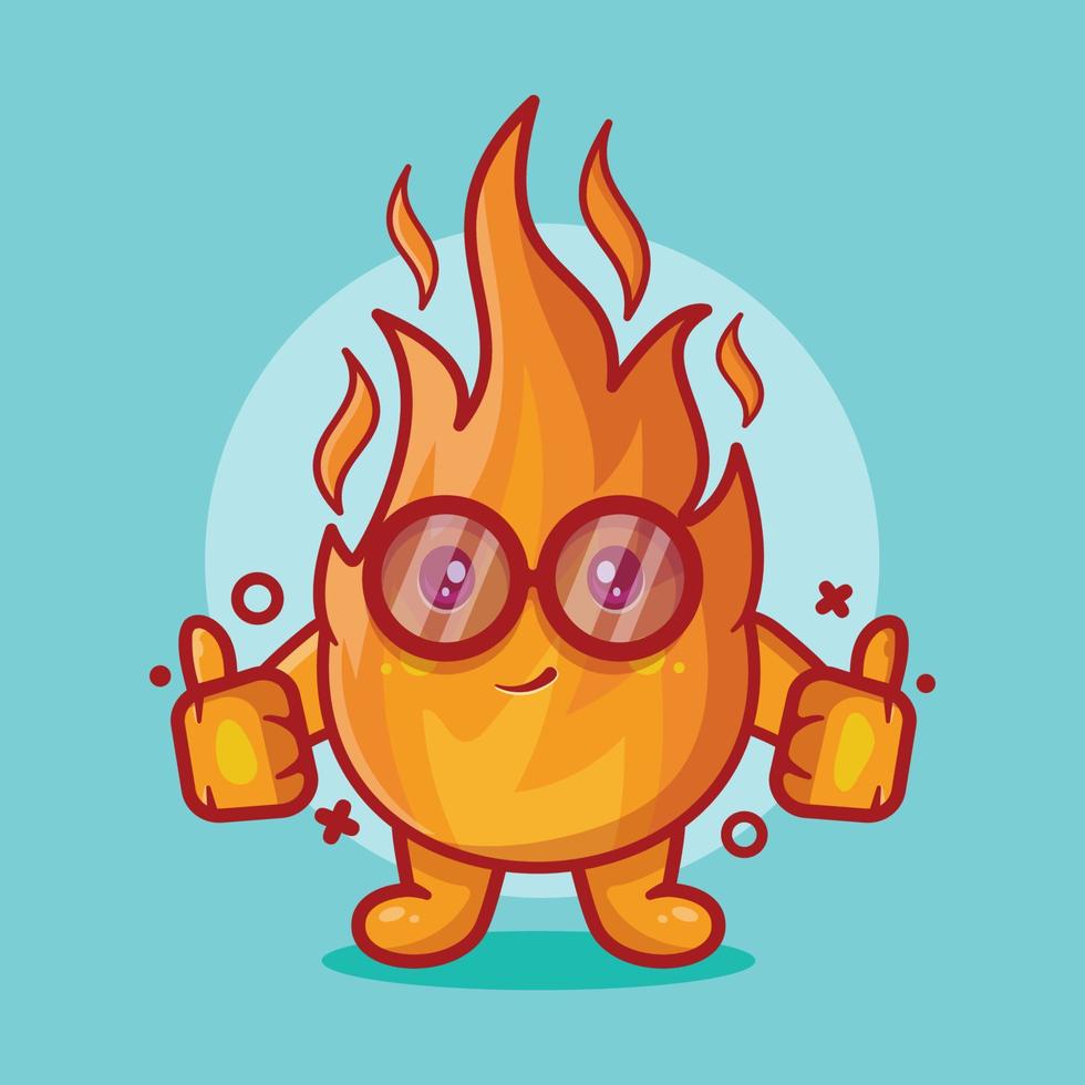 mascota de personaje de llama de fuego kawaii con gesto de mano pulgar arriba dibujos animados aislados en diseño de estilo plano vector