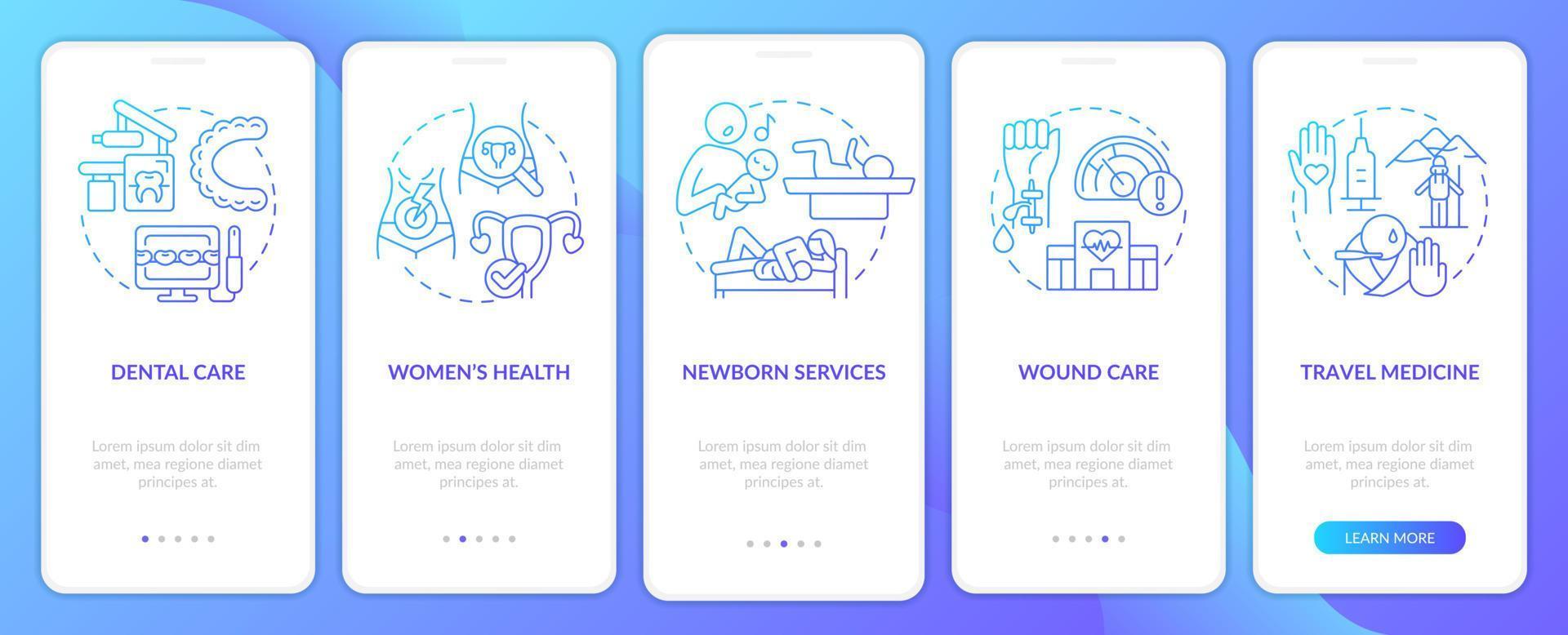 Healthcare services blue gradient onboarding mobile app screen. Patient walkthrough 5 steps graphic instructions pages with linear concepts. UI, UX, GUI template. vector