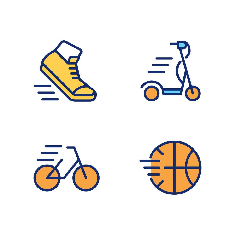 Sport activity pixel perfect RGB color icons set. Playing basketball. Riding bicycle. Leisure time. Isolated vector illustrations. Simple filled line drawings collection. Editable stroke