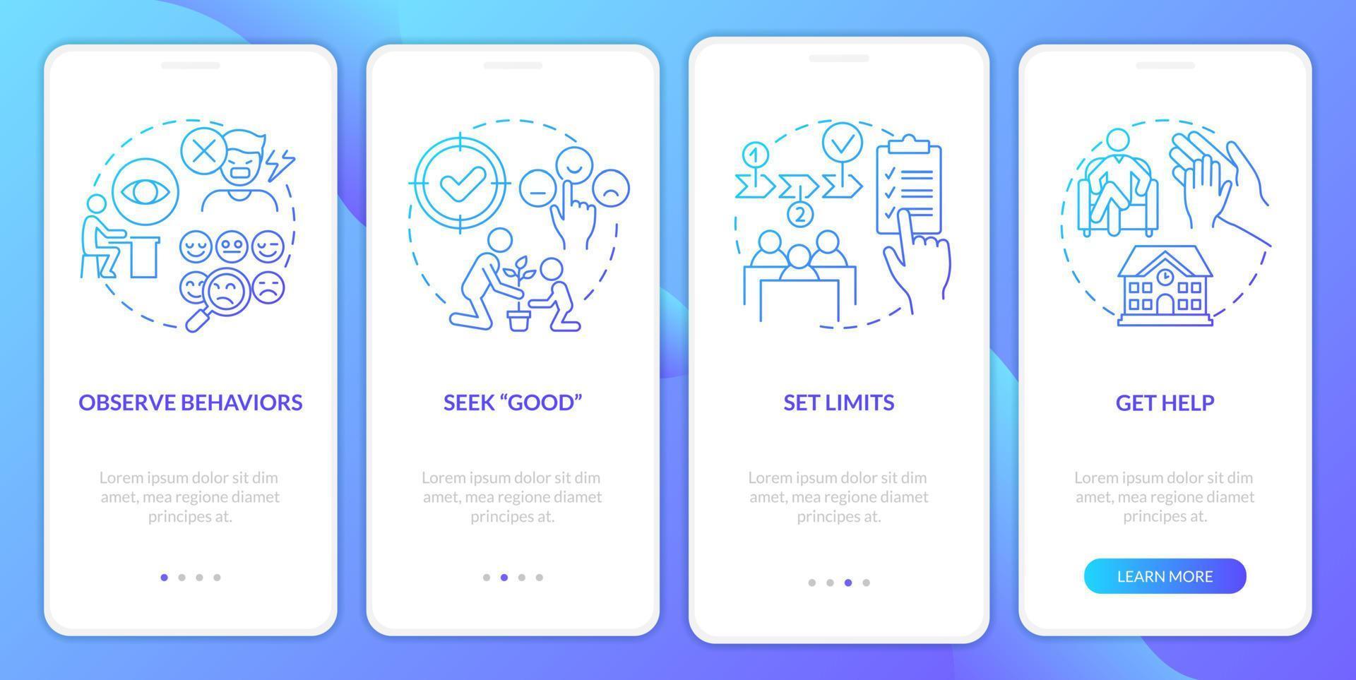 Conduct disorder teacher tips blue gradient onboarding mobile app screen. Walkthrough 4 steps graphic instructions pages with linear concepts. UI, UX, GUI template. vector