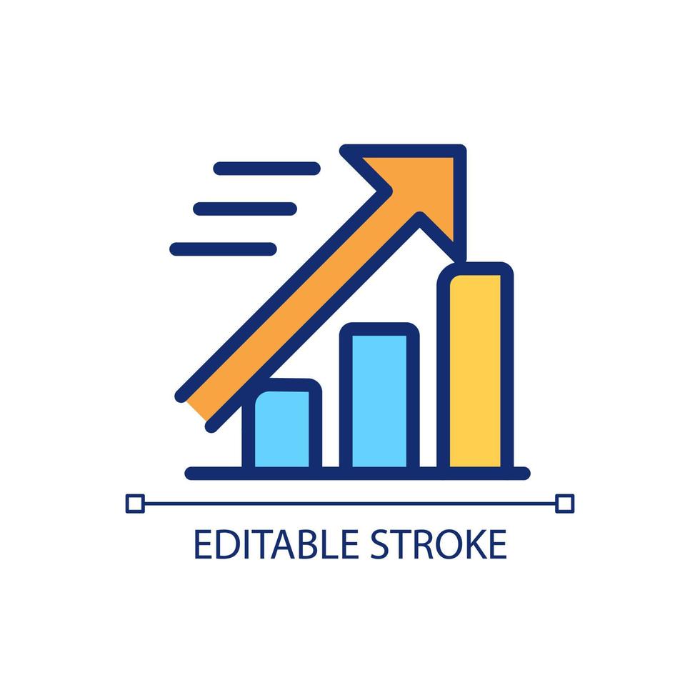 Growing statistics pixel perfect RGB color icon. Data analysis. Financial data collection. Market strategy. Isolated vector illustration. Simple filled line drawing. Editable stroke.