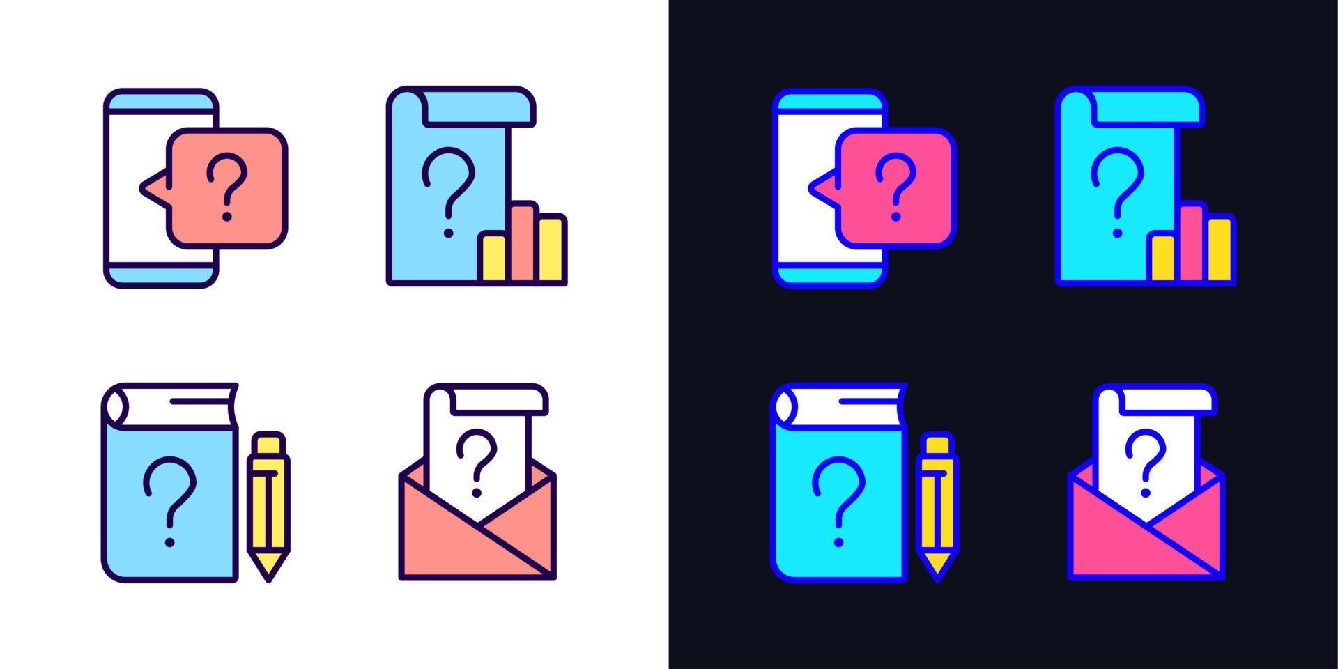 Questions in business and education light and dark theme color icons set. Information support service. Simple filled line drawings. Bright cliparts on white and black. Editable stroke vector