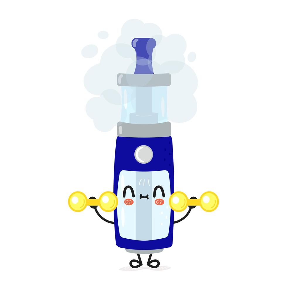 lindo personaje divertido de vape con pesas. icono de ilustración de personaje kawaii de dibujos animados dibujados a mano vectorial. aislado sobre fondo blanco. concepto de gimnasio de personajes de vape vector