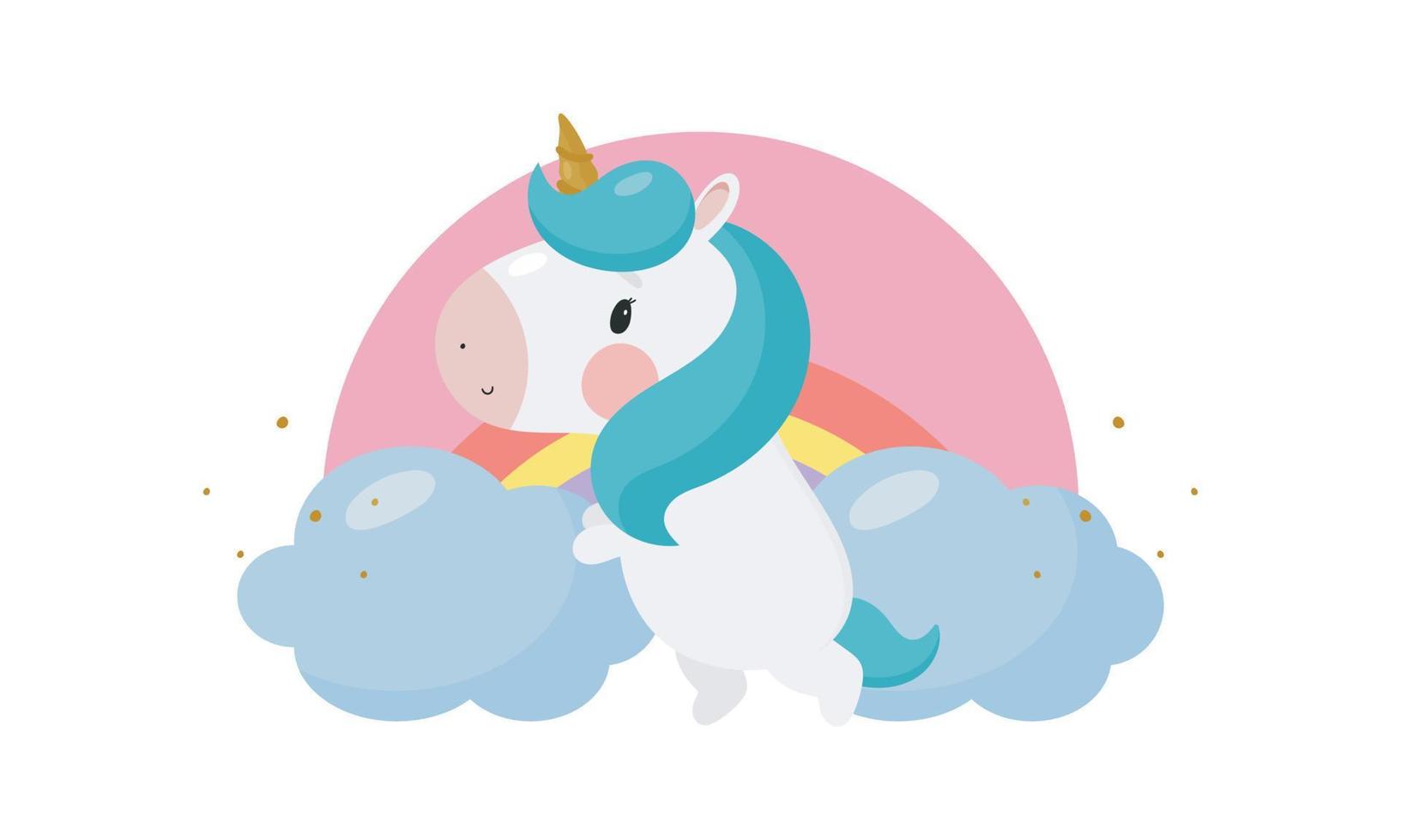 unicornio mágico y arcoiris. estilo de dibujos animados ilustración vectorial para cosas de niños, tarjetas, carteles, pancartas, libros para niños, impresión en el paquete, impresión en ropa, tela, papel pintado, textil o platos. vector