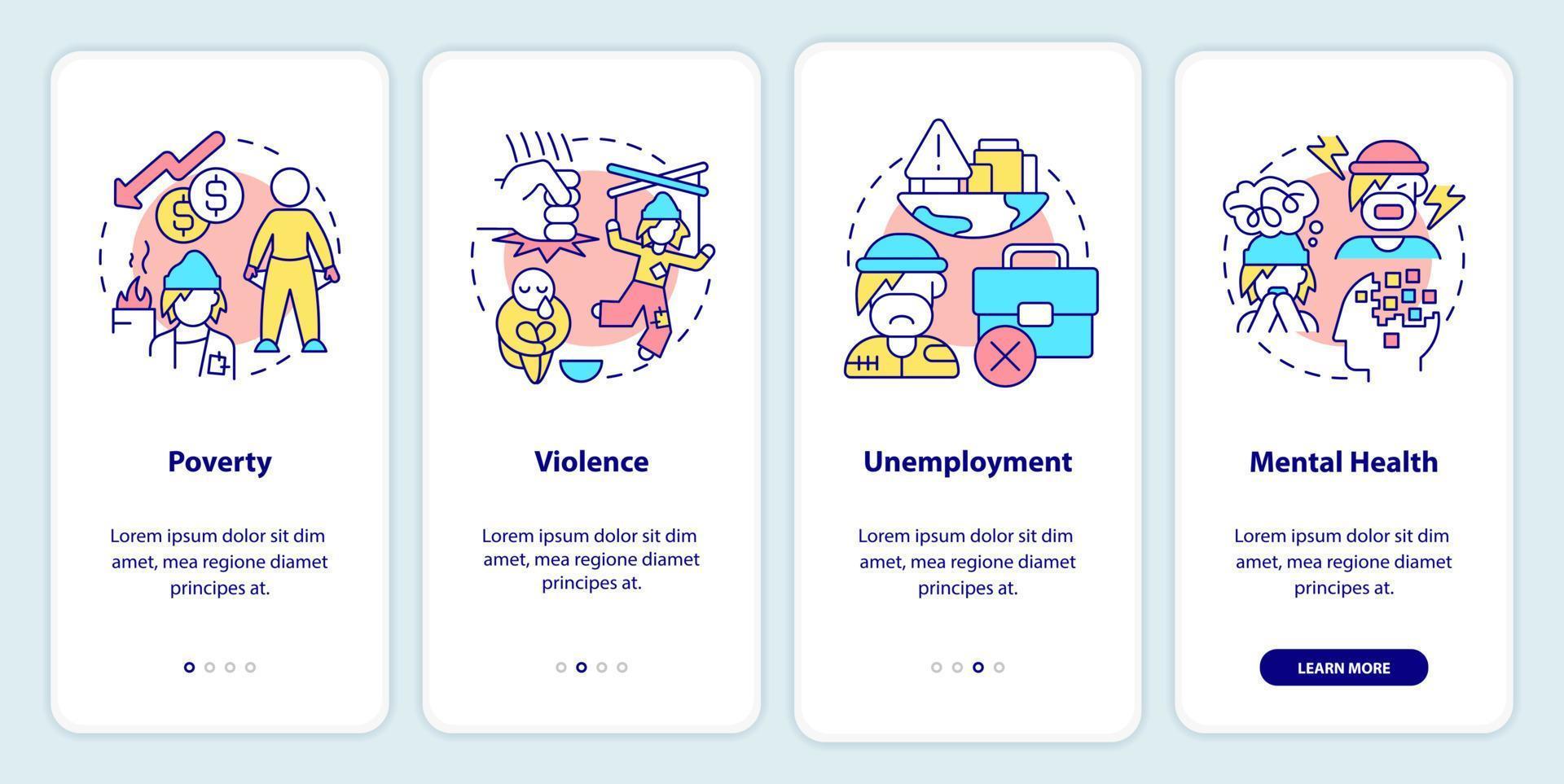 factores de falta de vivienda que incorporan la pantalla de la aplicación móvil. Tutorial de pobreza y violencia 4 pasos páginas de instrucciones gráficas con conceptos lineales. interfaz de usuario, ux, plantilla de interfaz gráfica de usuario. vector