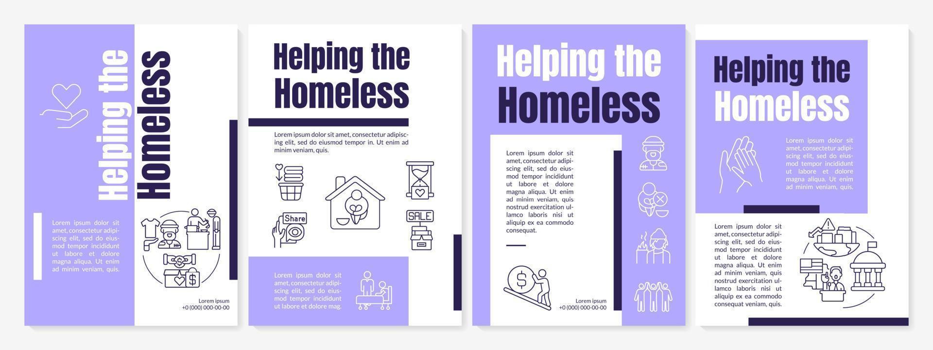 Assisting homeless people purple brochure template. Emergency shelter. Leaflet design with linear icons. 4 vector layouts for presentation, annual reports.