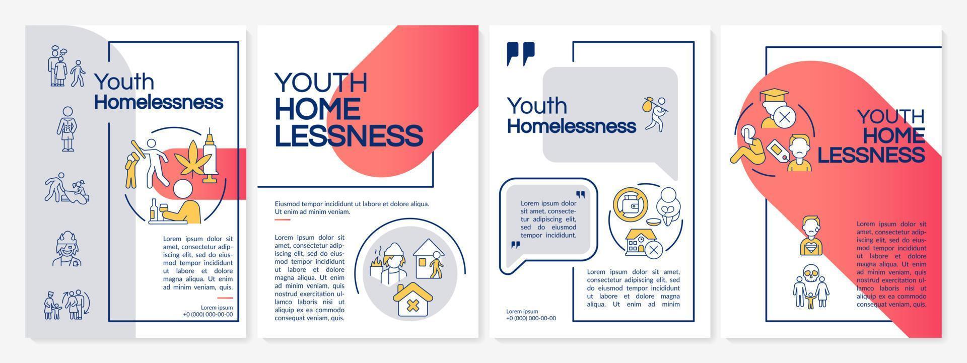 Homelessness among young people red and grey brochure template. Leaflet design with linear icons. 4 vector layouts for presentation, annual reports.
