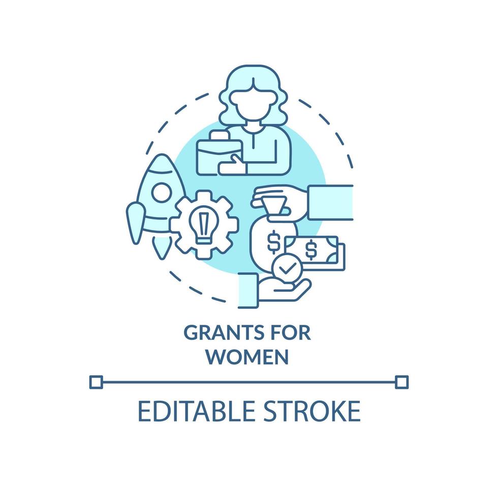 Grants for women turquoise concept icon. Gender politics. Small business development abstract idea thin line illustration. Isolated outline drawing. Editable stroke. vector