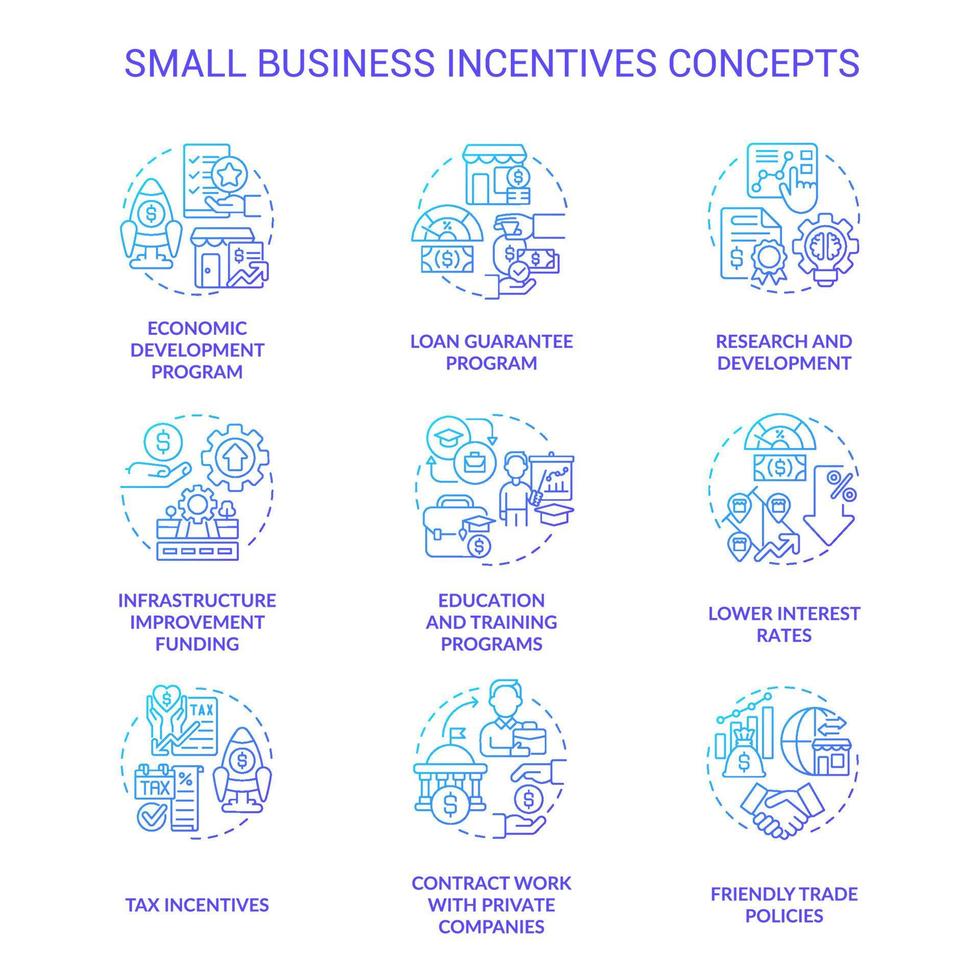 conjunto de iconos de concepto de gradiente azul de incentivos para pequeñas empresas. ideas de apoyo empresarial ilustraciones en color de línea delgada. símbolos aislados. trazo editable. vector