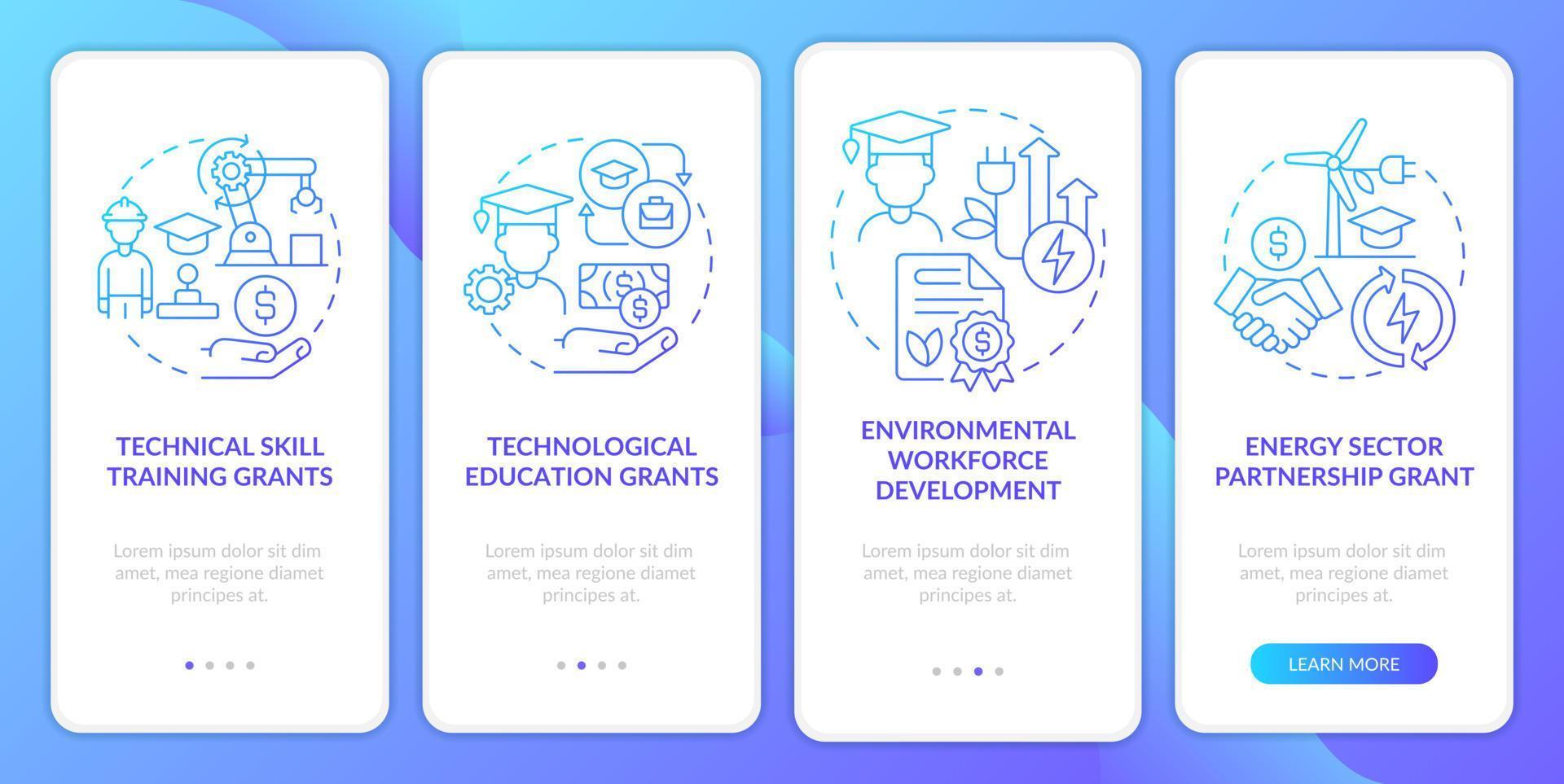Tech training federal grants blue gradient onboarding mobile app screen. Walkthrough 4 steps graphic instructions pages with linear concepts. UI, UX, GUI template. vector